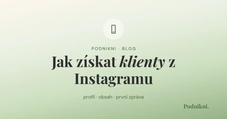 Světle zelená grafika s čárovým piktogramem — telefon — a nadpisem Jak získat klienty z Instagramu.