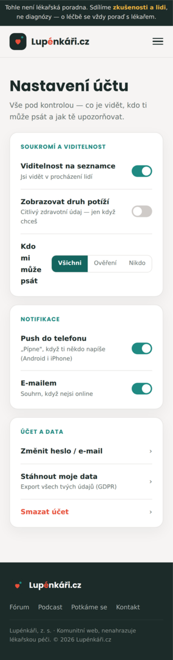Návrh webu Lupénkáři.cz na telefonu — nastavení účtu