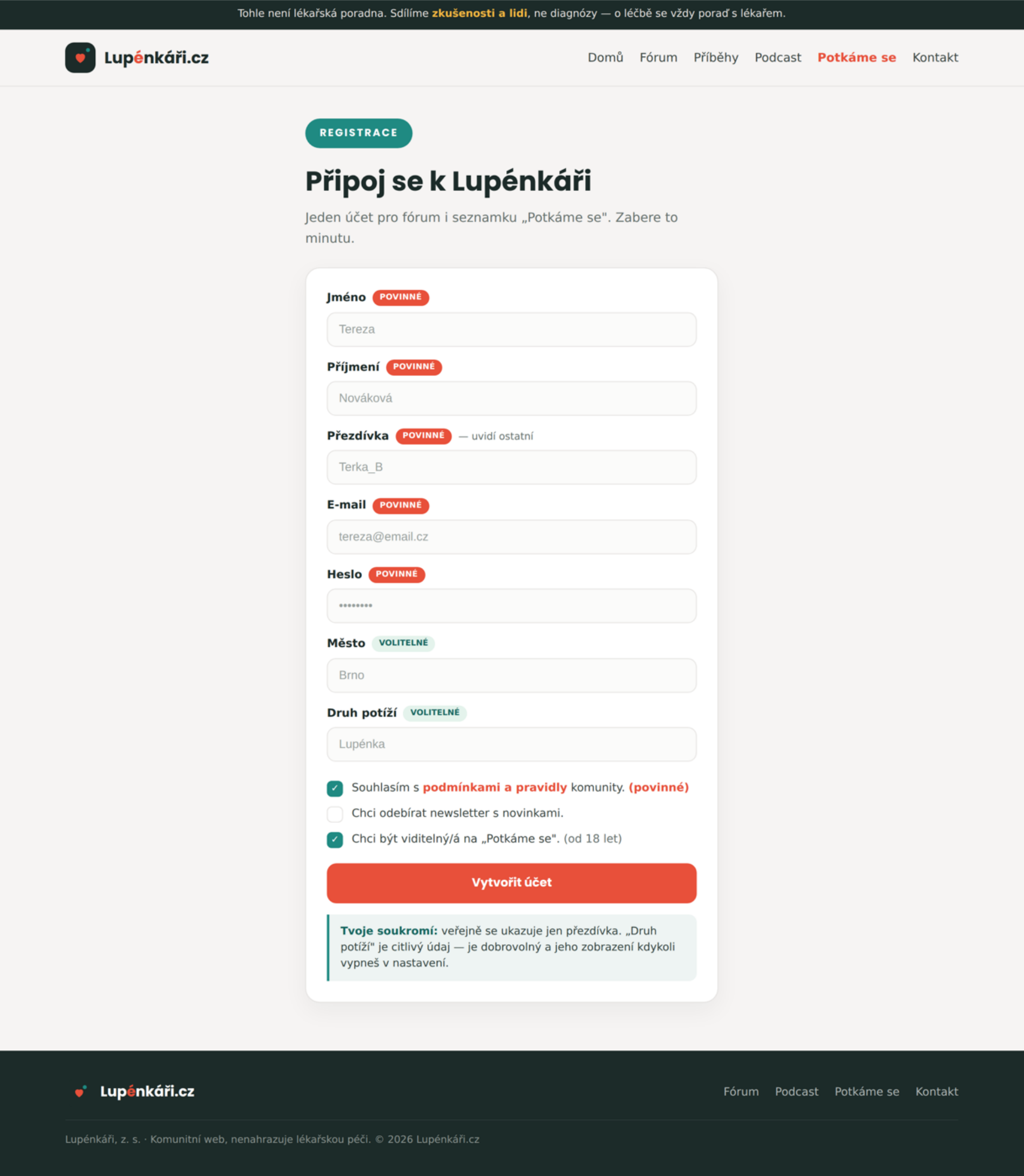 Návrh webu Lupénkáři.cz na počítači — registrace: povinné a volitelné údaje oddělené, souhlasy zvlášť
