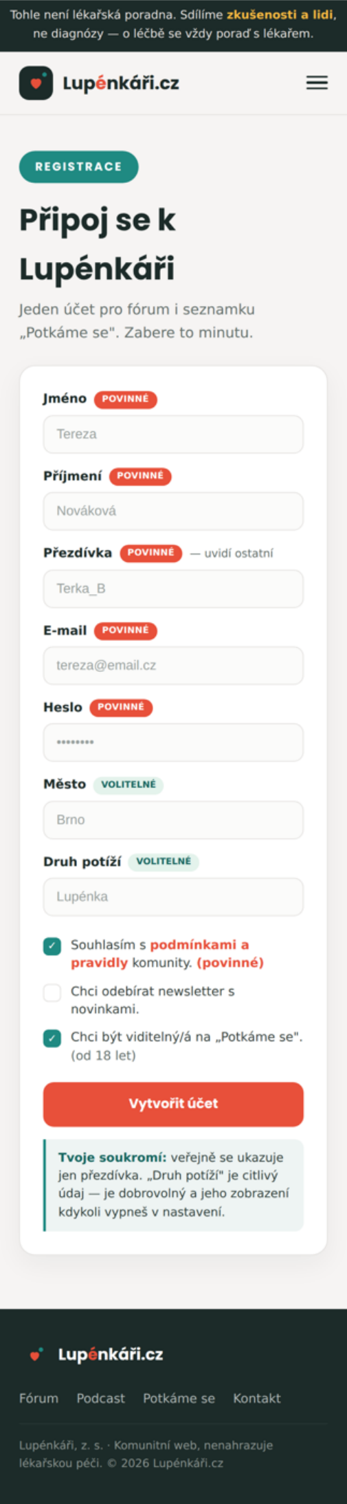 Návrh webu Lupénkáři.cz na telefonu — registrace